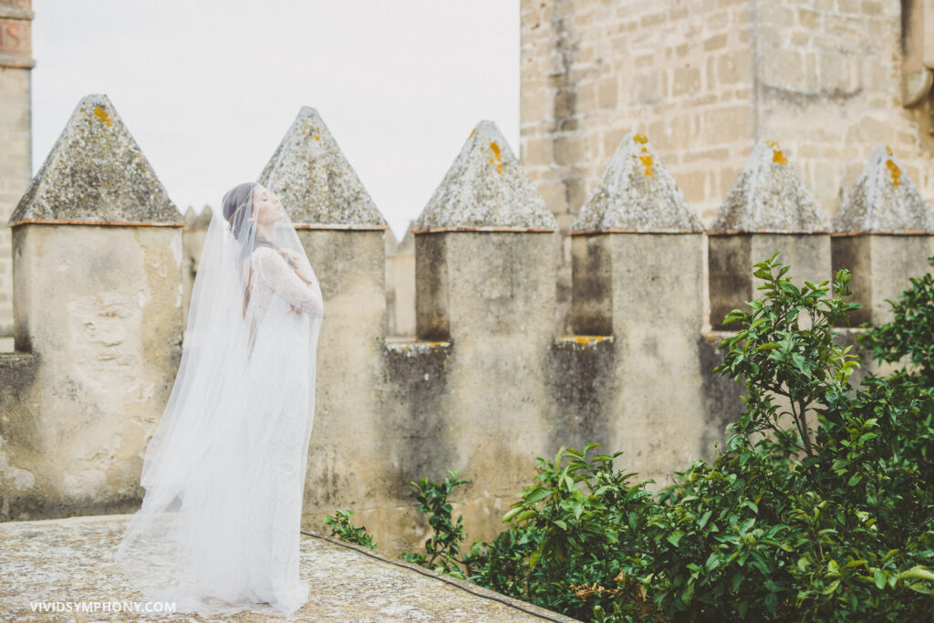 Boho-Hochzeitskleid mit tiefem Rückenausschnitt und Schleier in Andalusien